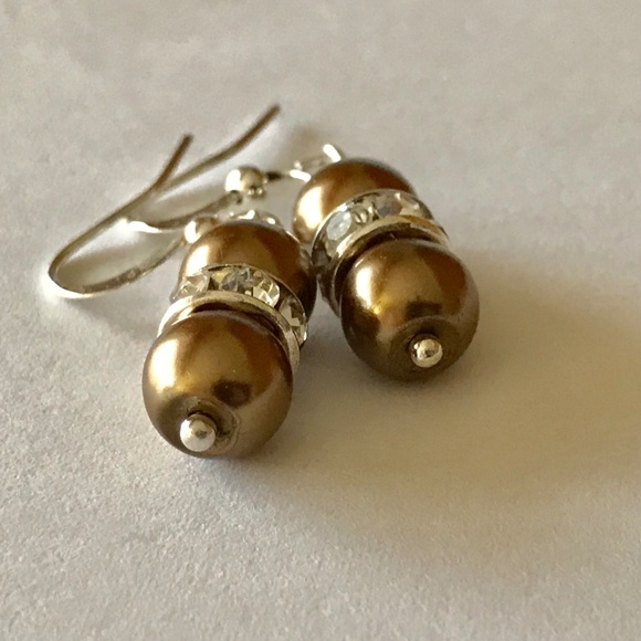 Brown Pearl Earrings Baroque Style Crystal Glass Beads Dangle Silver Plated - Picture 7 of 8